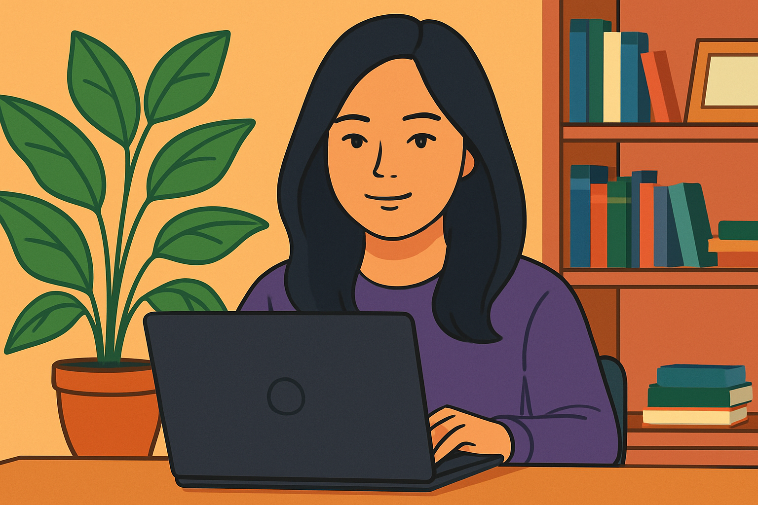 Decorative banner: illustration of Thi Duyen working at a laptop with plant and bookshelf